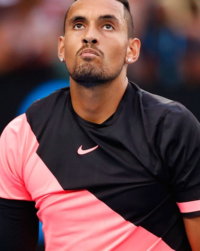 MELBOURNE, AUSTRALIA - JANUARY 21: Nick Kyrgios of Australia reacts in his fourth round match against Grigor Dimitrov of Bulgaria on day seven of the 2018 Australian Open at Melbourne Park on January 21, 2018 in Melbourne, Australia. (Photo by Darrian Traynor/Getty Images)