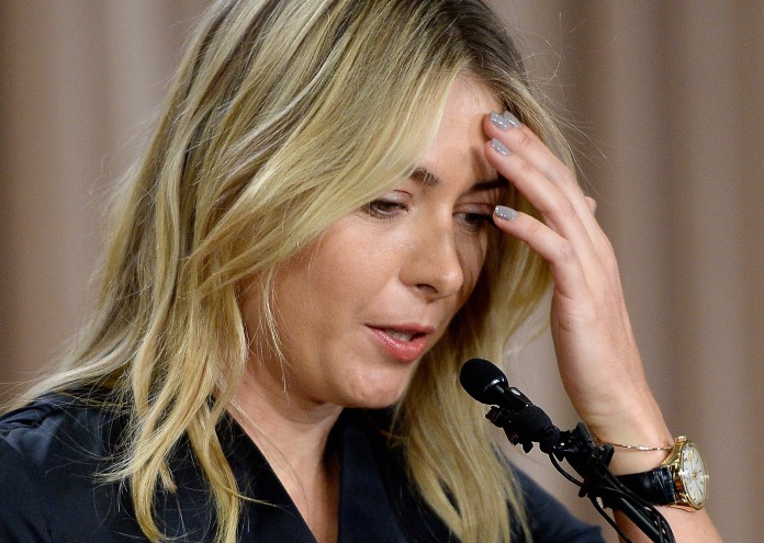 LOS ANGELES, CA - MARCH 07: Tennis player Maria Sharapova reacts as she addresses the media regarding a failed drug test at The LA Hotel Downtown on March 7, 2016 in Los Angeles, California. Sharapova, a five-time major champion, is currently the 7th ranked player on the WTA tour. Sharapova, withdrew from this weeks BNP Paribas Open at Indian Wells due to injury. (Photo by Kevork Djansezian/Getty Images)