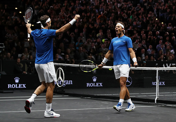 PRAGUE, CZECH REPUBLIC - SEPTEMBER 23: Roger Federer and Rafael Nadal of Team Europe celebrate winning match point during there doubles match against Jack Sock and Sam Querrey of Team World on Day 2 of the Laver Cup on September 23, 2017 in Prague, Czech Republic. The Laver Cup consists of six European players competing against their counterparts from the rest of the World. Europe will be captained by Bjorn Borg and John McEnroe will captain the Rest of the World team. The event runs from 22-24 September. (Photo by Julian Finney/Getty Images for Laver Cup)