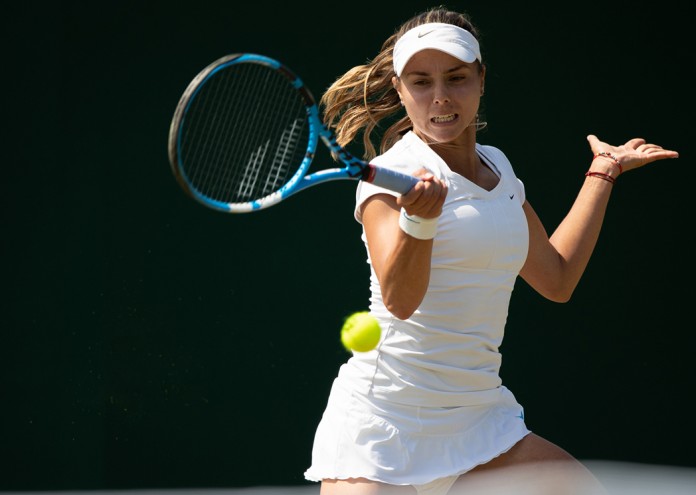 Viktoriya Tomova BUL in action against Anna Kalinskaya RUS during Qualifying at the The Bank of England Sports Centre, Roehampton. The Championships 2018. Held at The All England Lawn Tennis Club, Wimbledon. Day -4 Thursday 28/06/2018. Credit: AELTC/Jed Leicester