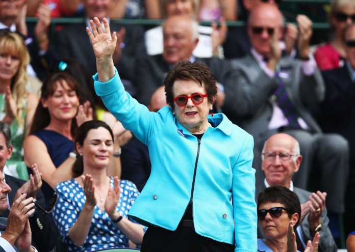 LONDON, ENGLAND - JULY 07: Billie Jean King attends day six of the Wimbledon Lawn Tennis Championships at All England Lawn Tennis and Croquet Club on July 7, 2018 in London, England. (Photo by Clive Brunskill/Getty Images)