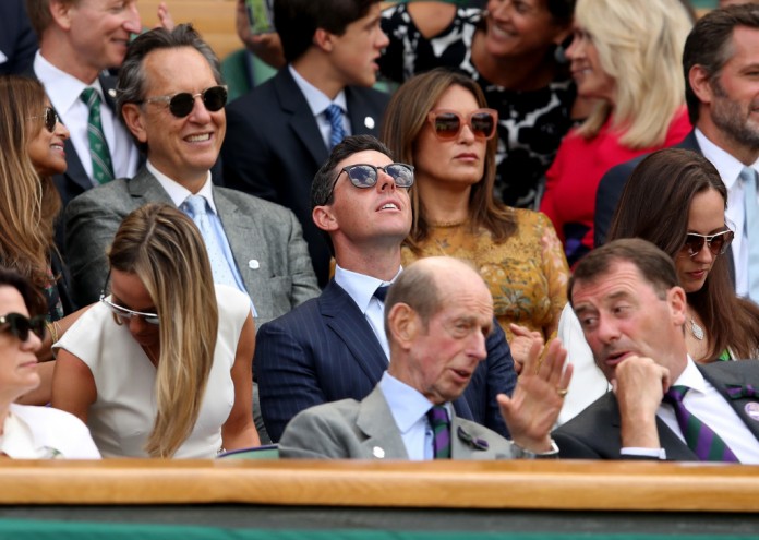 LONDON, ENGLAND - JULY 11: Rory McIlroy and Erica Stoll attend day nine of the Wimbledon Lawn Tennis Championships at All England Lawn Tennis and Croquet Club on July 11, 2018 in London, England. (Photo by Julian Finney/Getty Images)