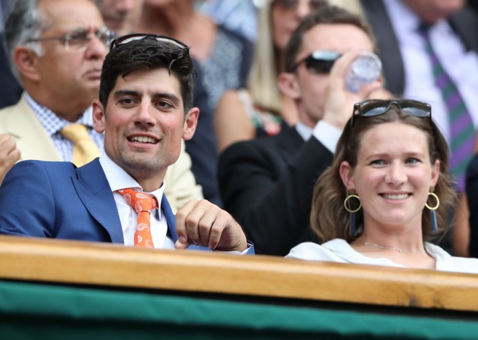 English cricketer Alastair Cook and wife Alice watch Spain's Rafael Nadal play Kazakhstan's Mikhail Kukushkin in their men's singles second round match on the fourth day of the 2018 Wimbledon Championships at The All England Lawn Tennis Club in Wimbledon, southwest London, on July 5, 2018. (Photo by Daniel LEAL-OLIVAS / AFP) / RESTRICTED TO EDITORIAL USE (Photo credit should read DANIEL LEAL-OLIVAS/AFP/Getty Images)
