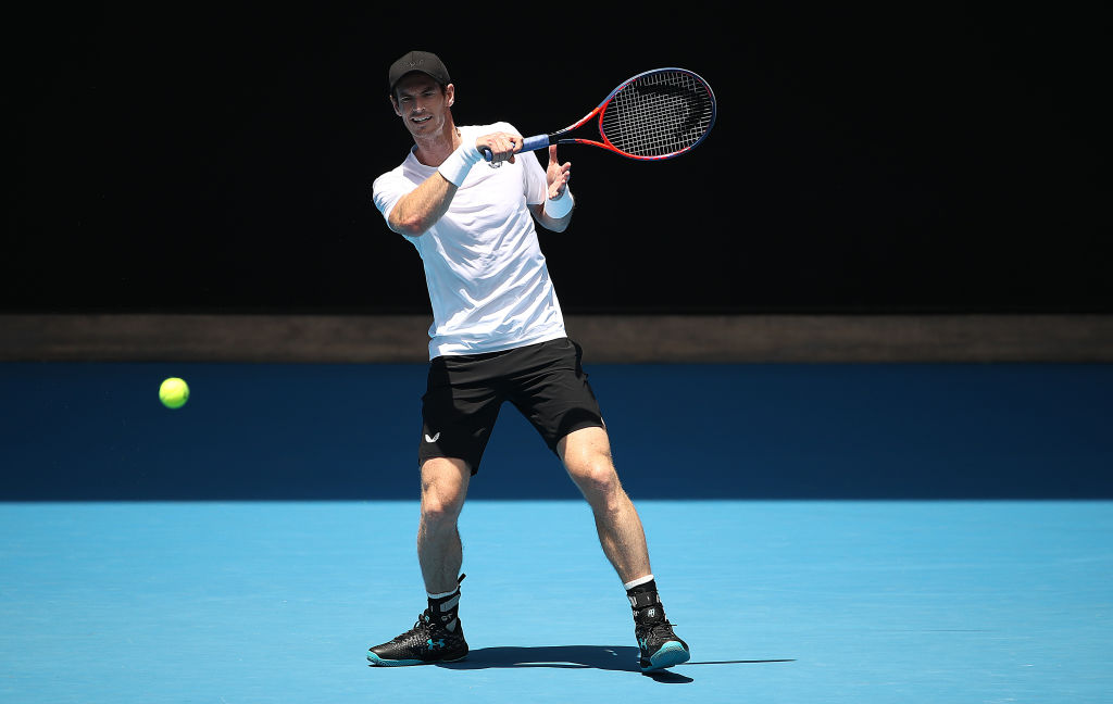 MELBOURNE, AUSTRALIA - JANUARY 12: Andy Murray of Great Britain plays a shot during a practice session ahead of the 2019 Australian Open at Melbourne Park on January 12, 2019 in Melbourne, Australia. (Photo by Scott Barbour/Getty Images)