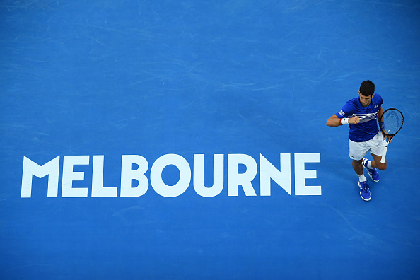 MELBOURNE, AUSTRALIA - JANUARY 27: Novak Djokovic of Serbia celebrates a point in his Men's Singles Final match against Rafael Nadal of Spain during day 14 of the 2019 Australian Open at Melbourne Park on January 27, 2019 in Melbourne, Australia. (Photo by Quinn Rooney/Getty Images)