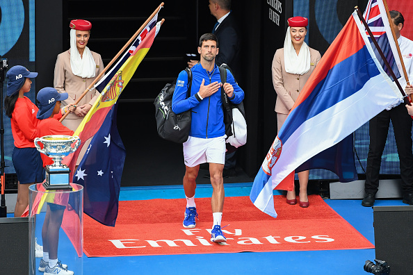 MELBOURNE, AUSTRALIA - JANUARY 27: Novak Djokovic of Serbia entering the Men's Singles Final match against Rafael Nadal of Spain during day 14 of the 2019 Australian Open at Melbourne Park on January 27, 2019 in Melbourne, Australia. (Photo by James D. Morgan/Getty Images)