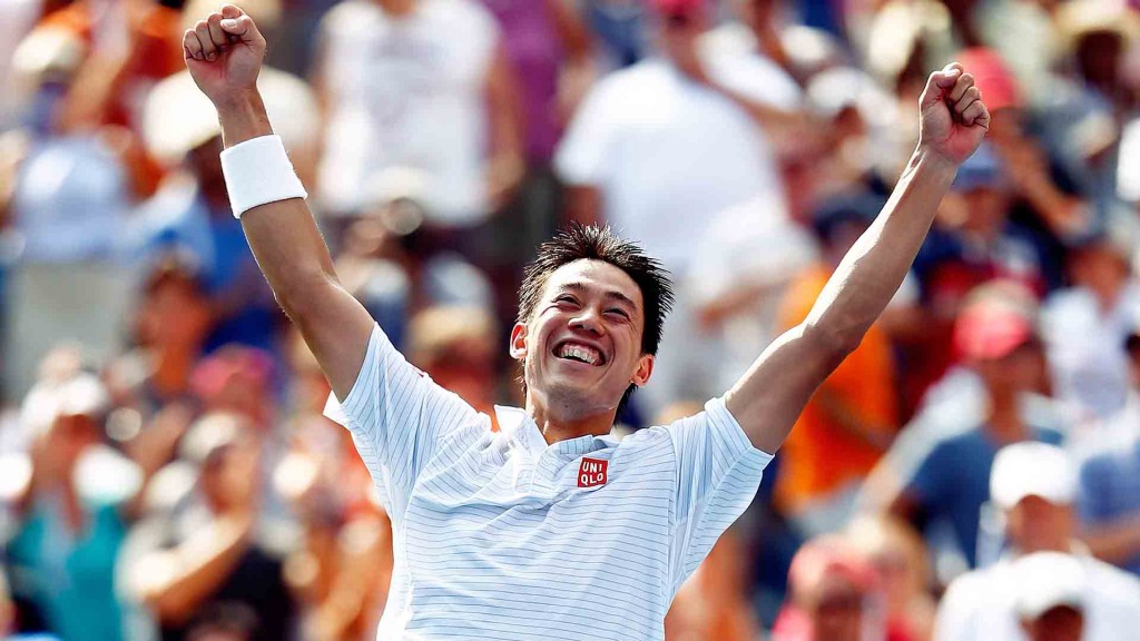 NEW YORK, NY - SEPTEMBER 06: Kei Nishikori of Japan celebrates after defeating Novak Djokovic of Serbia in their men's singles semifinal match on Day Thirteen of the 2014 US Open at the USTA Billie Jean King National Tennis Center on September 6, 2014 in the Flushing neighborhood of the Queens borough of New York City. Nishikori defeated Djokovic in four sets 6-4, 1-6, 7-6, 6-3. (Photo by Julian Finney/Getty Images)