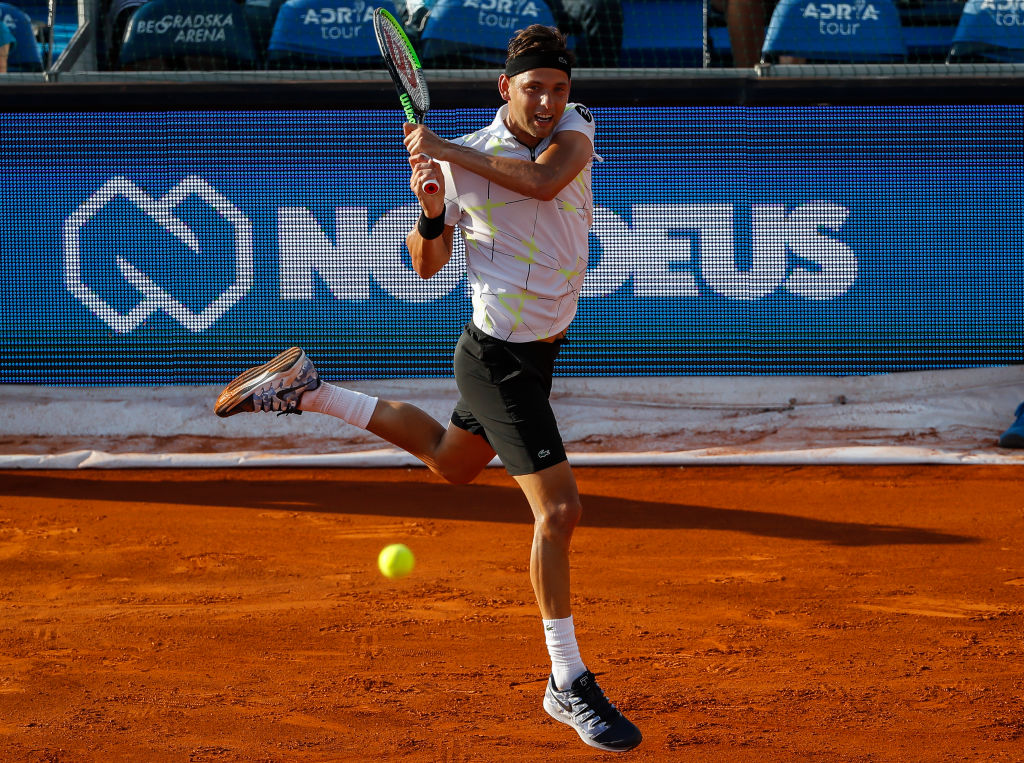 BELGRADE, SERBIA - JUNE 13: Filip Krajinovic of Serbia returns the ball to Alexander Zverev of Germany during the Adria Tour charity exhibition hosted by Novak Djokovic on June 13, 2020 in Belgrade, Serbia. (Photo by Srdjan Stevanovic/Getty Images)