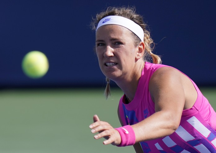 Victoria Azarenka, of Belarus, looks to hit a shot to Ons Jabeur, of Tunisia, during the quarterfinals at the Western & Southern Open tennis tournament Wednesday, Aug. 26, 2020, in New York. (AP Photo/Frank Franklin II)