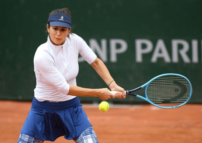 PARIS, FRANCE - SEPTEMBER 28: Tsvetana Pironkova of Bulgaria plays a backhand during her Women's Singles first round match against Andrea Petkovic of Germany on day two of the 2020 French Open at Roland Garros on September 28, 2020 in Paris, France. (Photo by Shaun Botterill/Getty Images)
