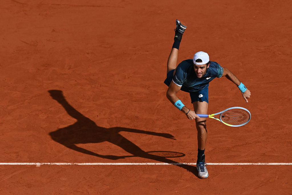 PARIS, FRANCE - OCTOBER 03: Matteo Berrettini of Italy serves during his Men's Singles third round match against Daniel Altmaier of Germany on day seven of the 2020 French Open at Roland Garros on October 03, 2020 in Paris, France. (Photo by Shaun Botterill/Getty Images)