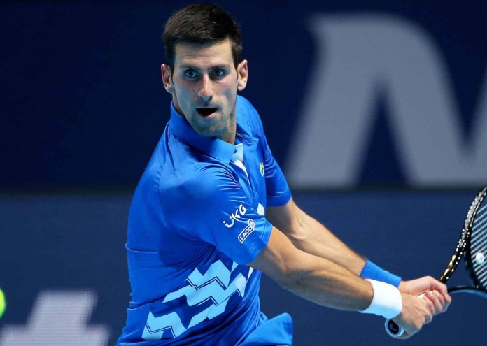 Novak Djokovic of Serbia in action. Novak Djokovic in action at the Nitto ATP Finals at The O2 in London, November 18, 2020.