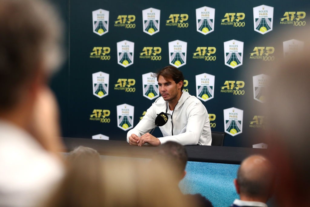 PARIS, FRANCE - NOVEMBER 02: Rafael Nadal of Spain speaks to the media to announce he will not be able to play his semi finals match against Denis Shapovalov of Canada on day 6 of the Rolex Paris Masters, part of the ATP World Tour Masters 1000 held at the at AccorHotels Arena on November 2, 2019 in Paris, France. (Photo by Dean Mouhtaropoulos/Getty Images)