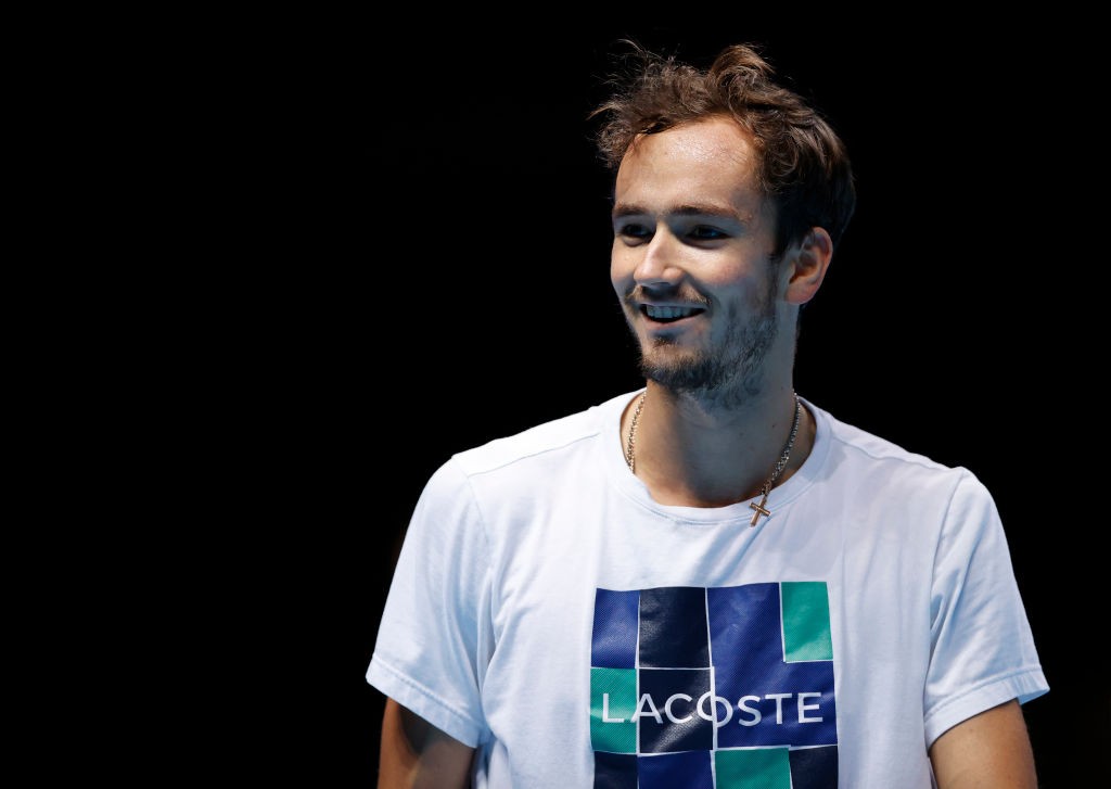 LONDON, ENGLAND - NOVEMBER 14: Daniil Medvedev of Russia smiles during a training session prior to the Nitto ATP World Tour Finals at O2 Arena on on November 14, 2020 in London, England. (Photo by Clive Brunskill/Getty Images)
