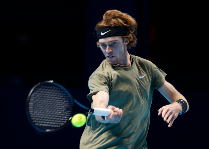 LONDON, ENGLAND - NOVEMBER 15: Andrey Rublev of Russia in action during his round robin match against Rafael Nadal of Spain during their first round robin match on Day one of the Nitto ATP World Tour Finals at The O2 Arena on November 15, 2020 in London, England. (Photo by Clive Brunskill/Getty Images)