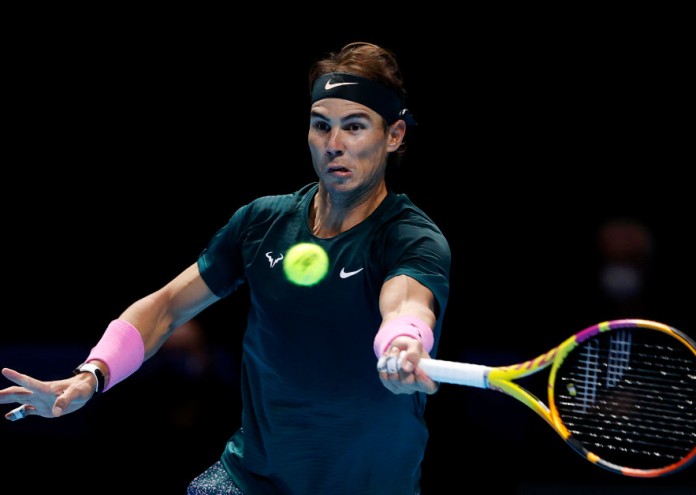 LONDON, ENGLAND - NOVEMBER 15: Rafael Nadal of Spain in action during his round robin match against Andrey Rublev of Russia during their first round robin match on Day one of the Nitto ATP World Tour Finals at The O2 Arena on November 15, 2020 in London, England. (Photo by Clive Brunskill/Getty Images)