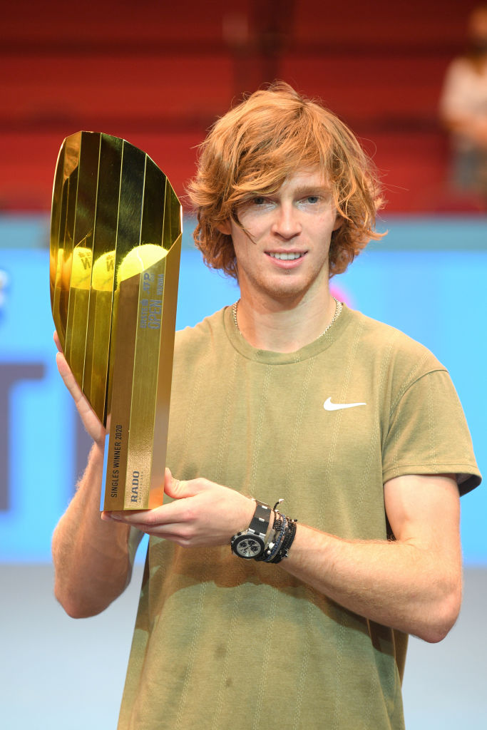 VIENNA, AUSTRIA - NOVEMBER 01: Andrey Rublev of Russia poses with the trophy after winning in his final match against Lorenzo Sonego of Italy on day nine of the Erste Bank Open tennis tournament at Wiener Stadthalle on November 01, 2020 in Vienna, Austria. (Photo by Thomas Kronsteiner/Getty Images)