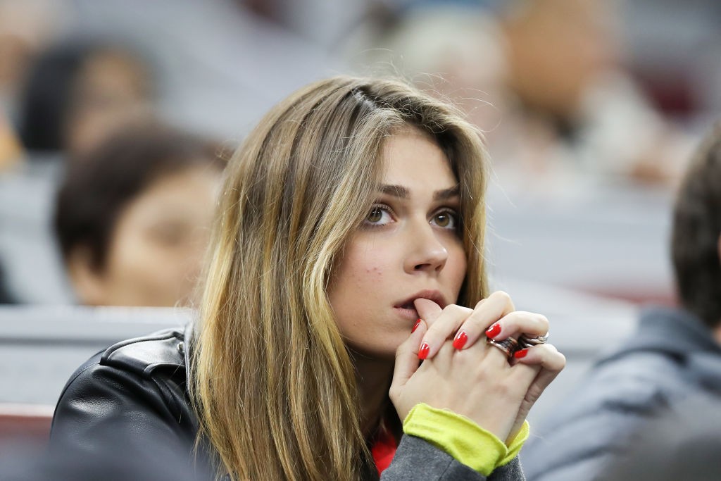 BEIJING, CHINA - OCTOBER 05: Olga Sharypova, girlfriend of Alexander Zverev of Germany, watches him play his Men's singles Semifinals match against Stefanos Tsitsipas of Greece at the China National Tennis Center on October 05, 2019 in Beijing, China. (Photo by Emmanuel Wong/Getty Images)