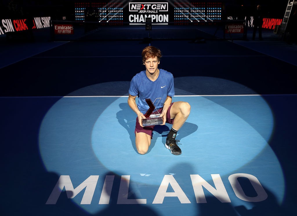 MILAN, ITALY - NOVEMBER 09: Jannik Sinner of Italy celebrates with the winners trophy after defeating Alex de Minaur of Australia in the final during Day Five of the Next Gen ATP Finals at Allianz Cloud on November 09, 2019 in Milan, Italy. (Photo by Julian Finney/Getty Images)