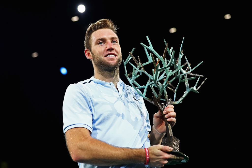 PARIS, FRANCE - NOVEMBER 05: Jack Sock of the USA celebrates with the trophy after victory against Filip Krajinovic of Serbia in the Mens Final on day 7 of the Rolex Paris Masters held at the AccorHotels Arena on November 5, 2017 in Paris, France. (Photo by Dean Mouhtaropoulos/Getty Images)
