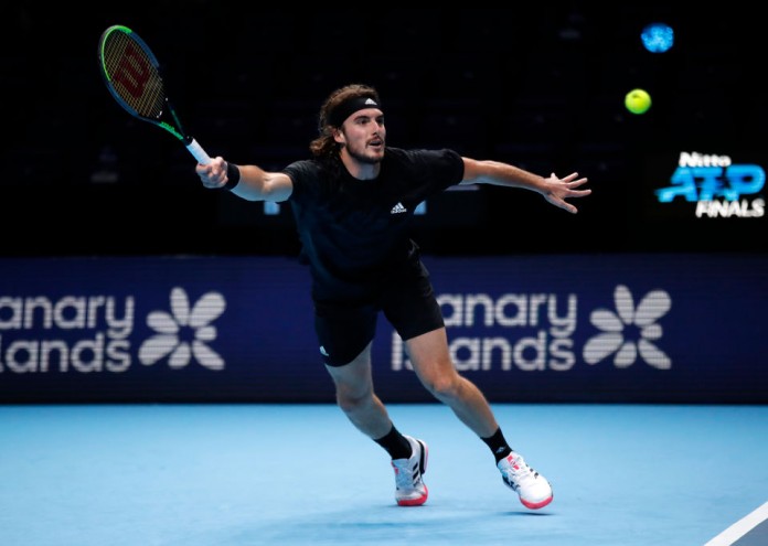 LONDON, ENGLAND - NOVEMBER 17: Stefanos Tsitsipas of Greece plays a forehand during his singles match against Andrey Rublev of Russia during day three of the Nitto ATP World Tour Finals at The O2 Arena on November 17, 2020 in London, England. (Photo by Clive Brunskill/Getty Images)