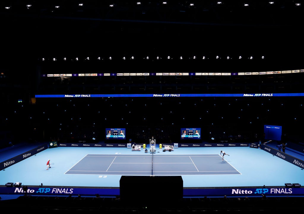 LONDON, ENGLAND - NOVEMBER 18:  A general view of the action during the singles match between Diego Schwartzman of Argentina and Alexander Zverev of Germany on Day 4 of the Nitto ATP World Tour Finals at The O2 Arena on November 18, 2020 in London, England. (Photo by Clive Brunskill/Getty Images)