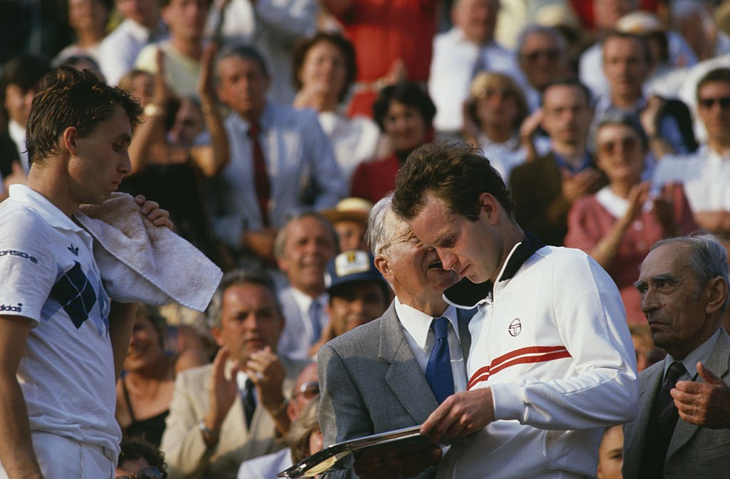 John McEnroe (right) and Ivan Lendl at the men's singles final at the Tournoi de Roland-Garros (French Open), at the Stade Roland Garros, Paris, June 1984. Lendl won the match 3-6, 2-6, 6-4, 7-5, 7-5. (Photo by Steve Powell/Getty Images)