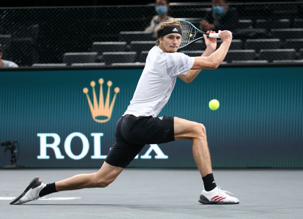 PARIS, FRANCE - NOVEMBER 5: Alexander Zverev of Germany in action against Adrian Mannarino of France during day 4 of the Rolex Paris Masters, an ATP Masters 1000 tournament held behind closed doors at AccorHotels Arena formerly known as Paris Bercy on November 5, 2020 in Paris, France. (Photo by Jean Catuffe/Getty Images)