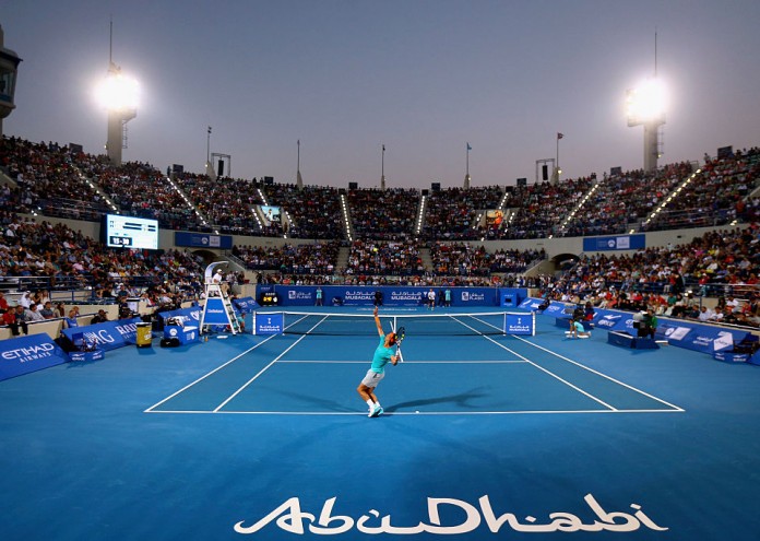 ABU DHABI, UNITED ARAB EMIRATES - JANUARY 02: Rafael Nadal of Spain serves against Andy Murray of Great Britain during the semi final match of the Mubadala World Tennis Championship at Zayed Sport City on January 2, 2015 in Abu Dhabi, United Arab Emirates. (Photo by Francois Nel/Getty Images)