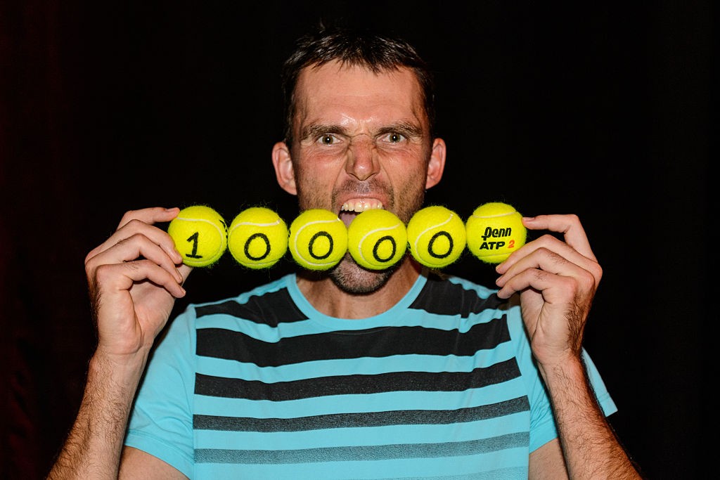 MONTREAL, ON - AUGUST 11: Ivo Karlovic of Croatia becomes the second player in history to reach 10,000 aces during day two of the Rogers Cup at Uniprix Stadium against Milos Raonic of Canada on August 11, 2015 in Montreal, Quebec, Canada. (Photo by Minas Panagiotakis/Getty Images)