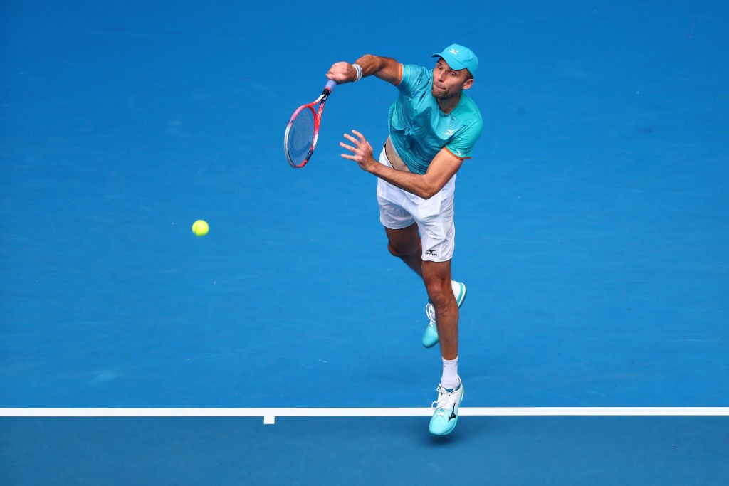 MELBOURNE, AUSTRALIA - JANUARY 17: Ivo Karlovic of Croatia serves in his second round match against Kei Nishikori of Japan during day four of the 2019 Australian Open at Melbourne Park on January 17, 2019 in Melbourne, Australia. (Photo by Michael Dodge/Getty Images)