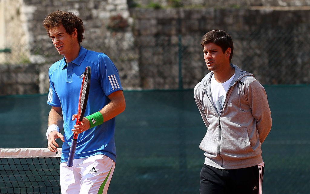 MONACO - APRIL 12: Andy Murray of Great Britain with Daniel Vallverdu in a practice session during Day Three of the ATP Masters Series Tennis at the Monte Carlo Country Club on April 12, 2011 in Monte Carlo, Monaco. (Photo by Julian Finney/Getty Images)
