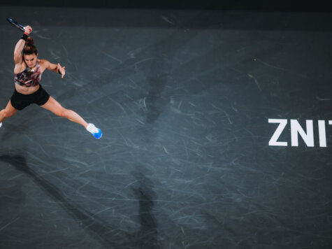 digitally enhanced) Maria Sakkari of Greece in action during day two of the Upper Austria Ladies Linz 2023 on February 07, 2023 in Linz, Austria.