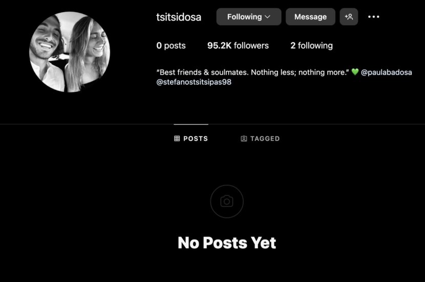 Циципас и Бадоса изтриха всички снимки от общия си Instagram Циципас и Бадоса изтриха всички снимки от общия си Instagram